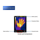 ET11S thermal screen layout: temperature bar, centre-point reading, max and min, settings and screenshot buttons