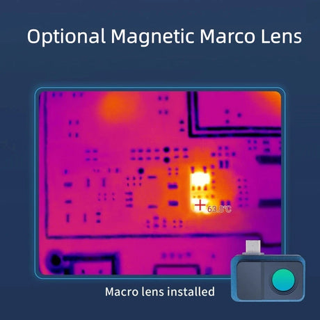 Thermal picture of a circuit board taken with the optional magnetic macro lens, which is not included with this camera