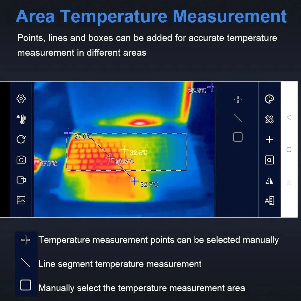 T7 app screen with temperature points, a line and a box placed on a thermal picture of a laptop keyboard
