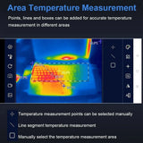 T7 app screen with temperature points, a line and a box placed on a thermal picture of a laptop keyboard