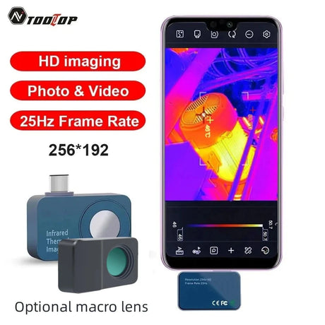 TOOLTOP T7 thermal camera plugged into an Android phone showing a thermal picture of a motor, with the optional macro lens (not included) beside it
