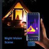 Phone with the T7 attached showing the heat of a lit tent and trees at night