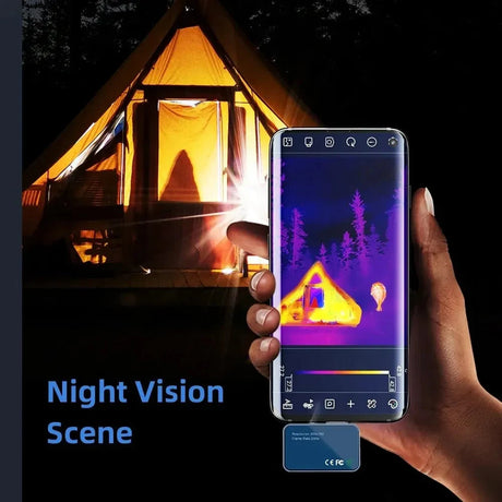 Phone with the T7 attached showing the heat of a lit tent and trees at night