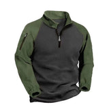 Half-zip fleece pullover with army green sleeves and collar on a charcoal body