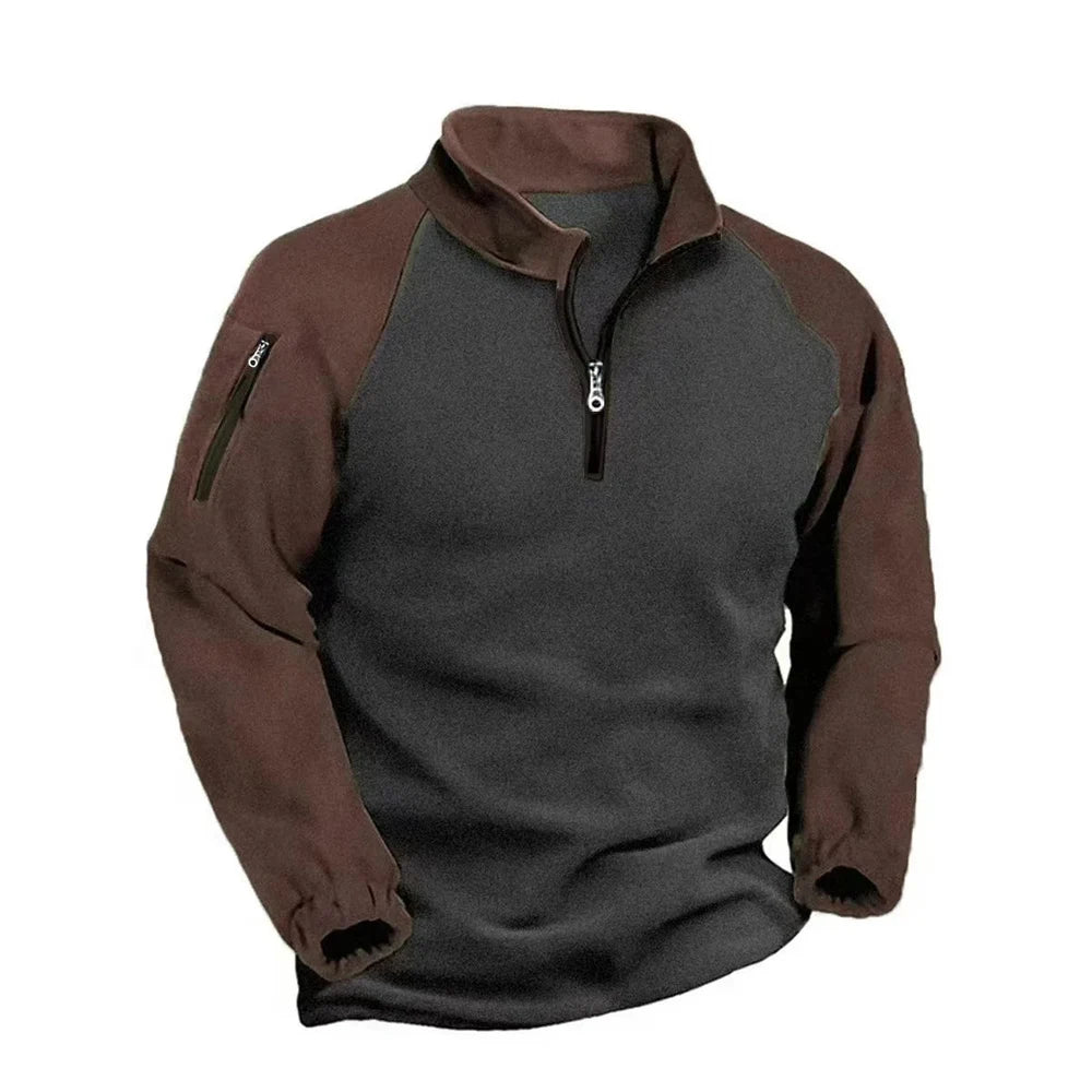 Half-zip fleece pullover with coffee sleeves and collar on a charcoal body