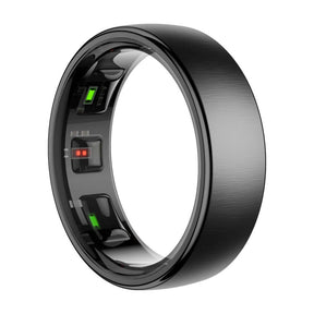 Black R10 smart ring, brushed finish, with the sensor windows visible on the inside of the band