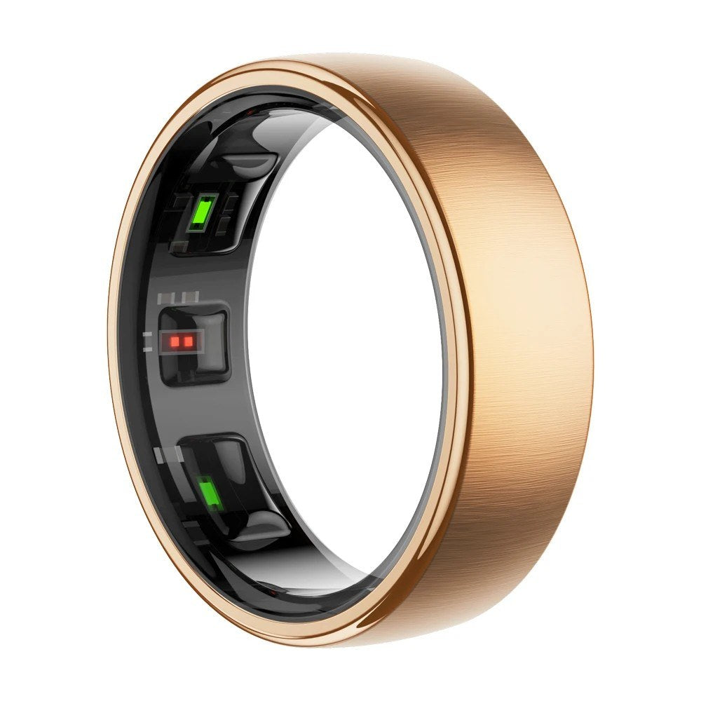 Gold R10 smart ring, brushed finish, with the sensor windows visible on the inside of the band