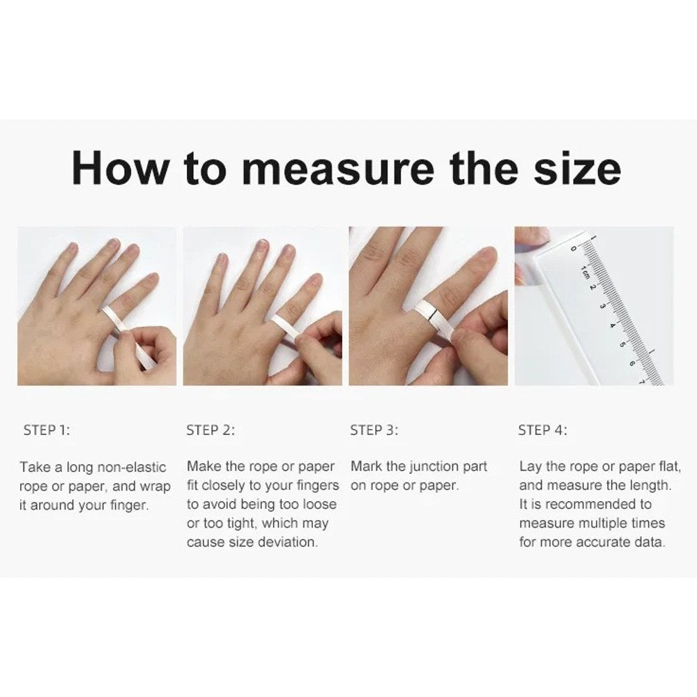 Four steps to measure a finger: wrap a paper strip, pull it snug, mark where it meets, lay it flat against a ruler