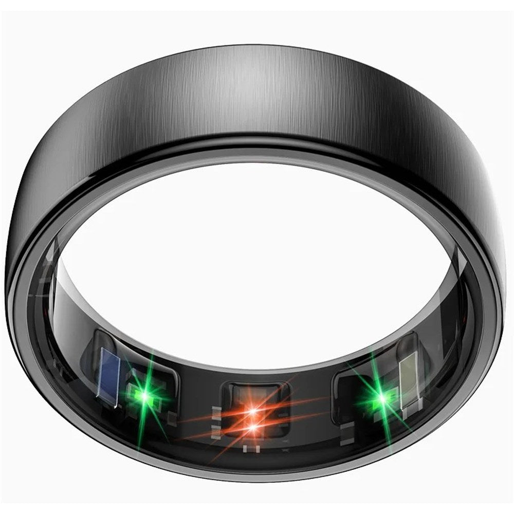 Close-up inside a black R10 ring showing the optical sensor windows lit green and red on the inner face