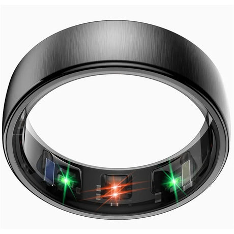 Close-up inside a black R10 ring showing the optical sensor windows lit green and red on the inner face