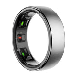 Silver R10 smart ring, brushed finish, with the sensor windows visible on the inside of the band