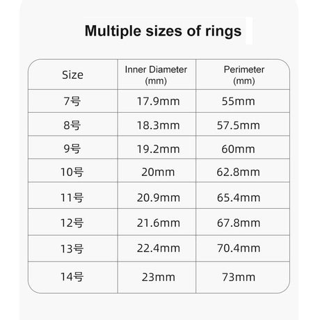 Supplier size chart: ring sizes 7 to 14 with inside diameter 17.9 to 23 mm and circumference 55 to 73 mm