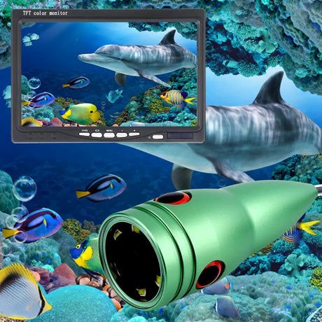 Green aluminium underwater camera with infrared LEDs beside the 7 inch colour monitor