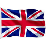 Union Jack flag of the United Kingdom in printed polyester; white header strip with metal eyelets at left