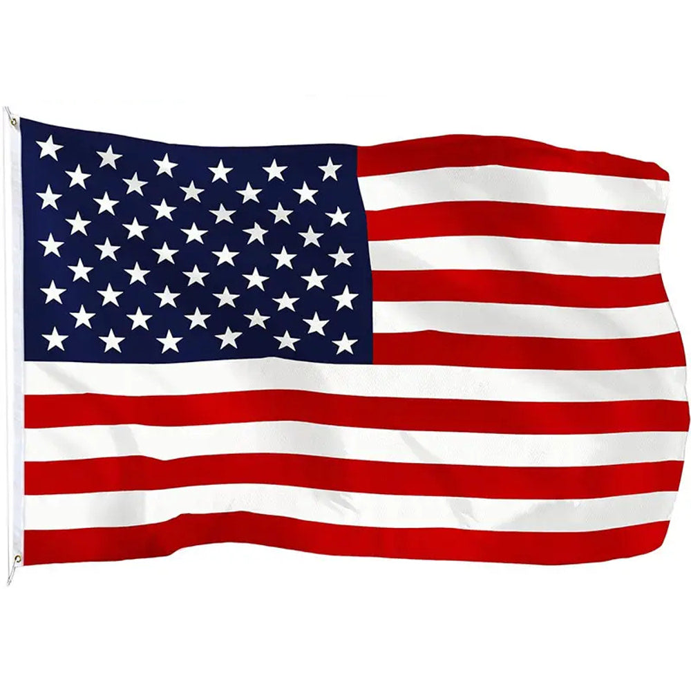 United States flag in printed polyester: stars and stripes; white header strip with metal eyelets at left