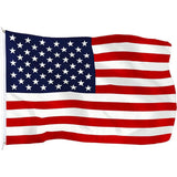 United States flag in printed polyester: stars and stripes; white header strip with metal eyelets at left