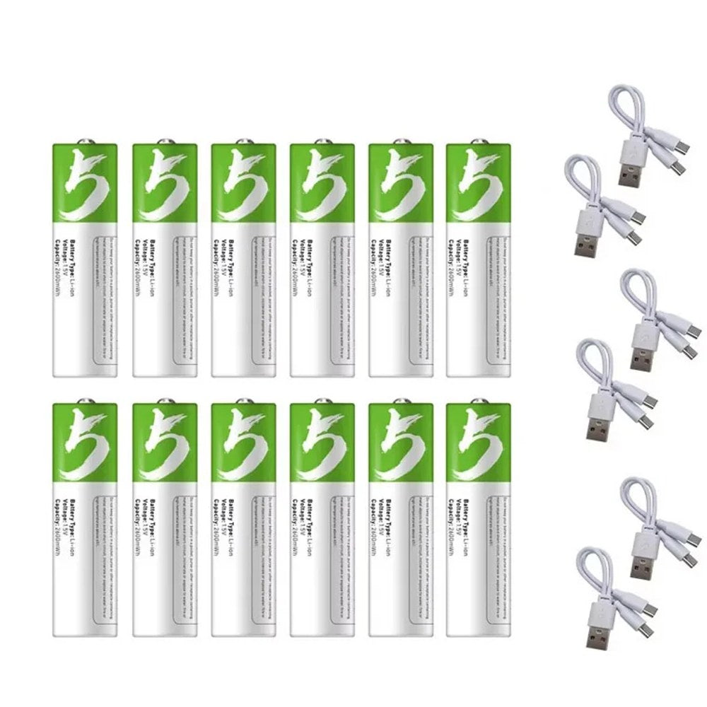 AA pack of twelve USB-C rechargeable lithium cells with six twin-plug USB-C charging leads
