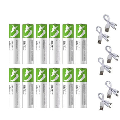 AA pack of twelve USB-C rechargeable lithium cells with six twin-plug USB-C charging leads