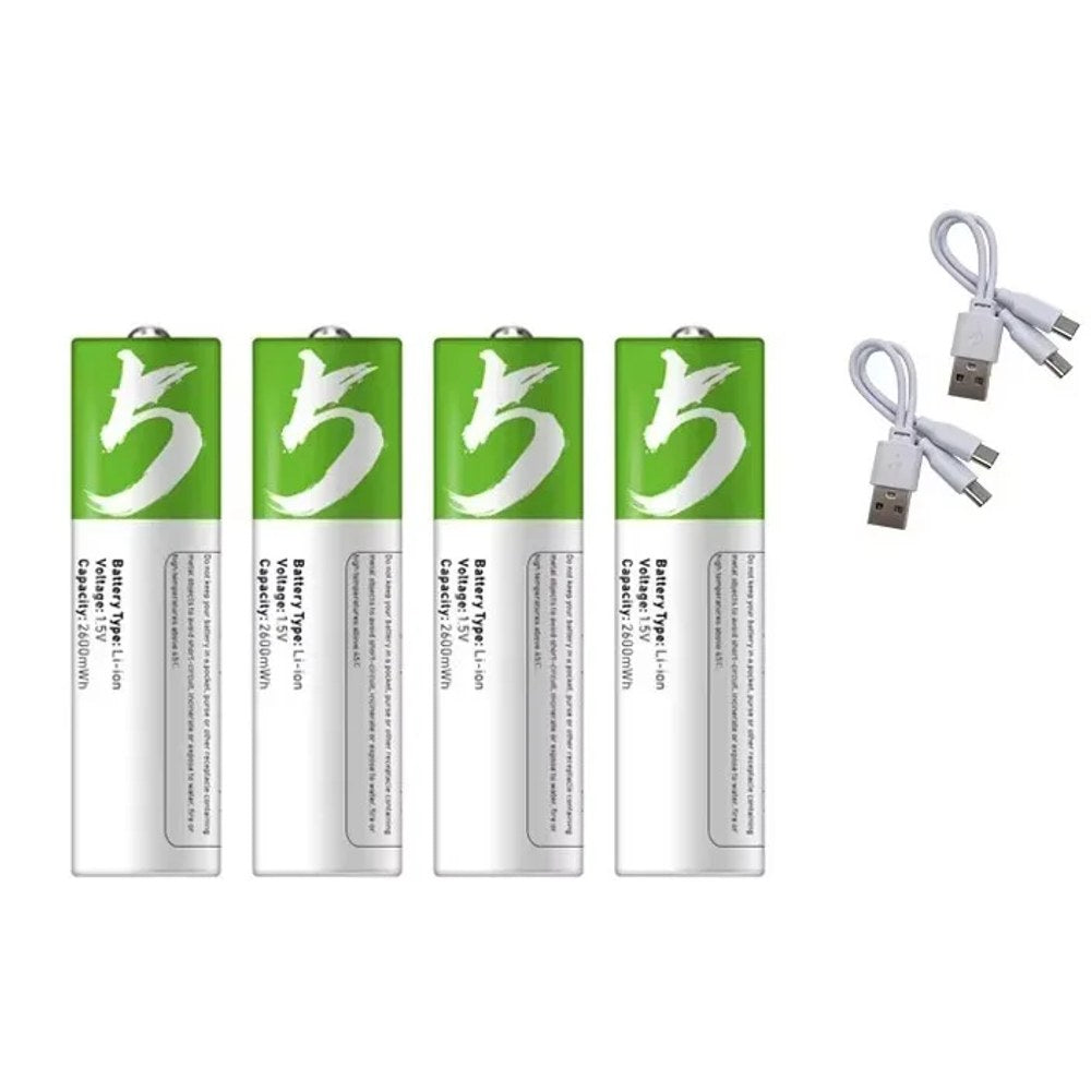 AA pack of four USB-C rechargeable lithium cells with two twin-plug USB-C charging leads