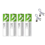 AA pack of four USB-C rechargeable lithium cells with two twin-plug USB-C charging leads
