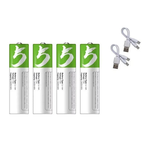 AA pack of four USB-C rechargeable lithium cells with two twin-plug USB-C charging leads