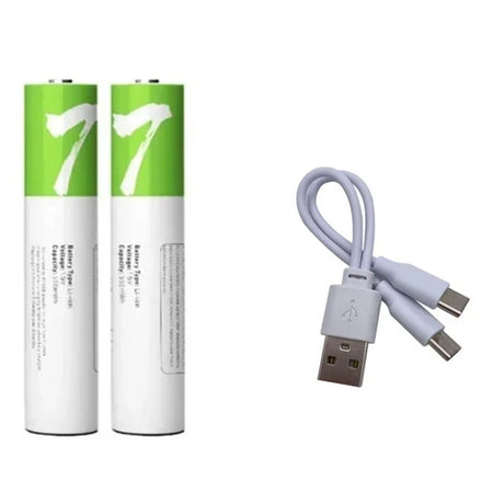 AAA pack of two USB-C rechargeable lithium cells with one USB-A to twin USB-C charging lead