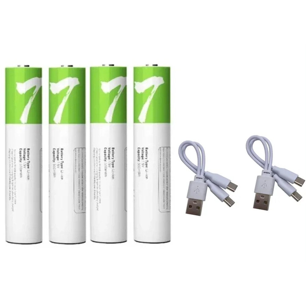 AAA pack of four USB-C rechargeable lithium cells with two twin-plug USB-C charging leads