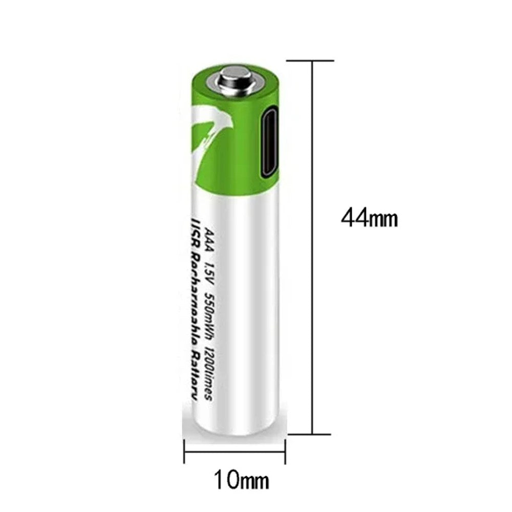 AAA USB-C rechargeable cell with the seller's size markings, 44 mm long and 10 mm across