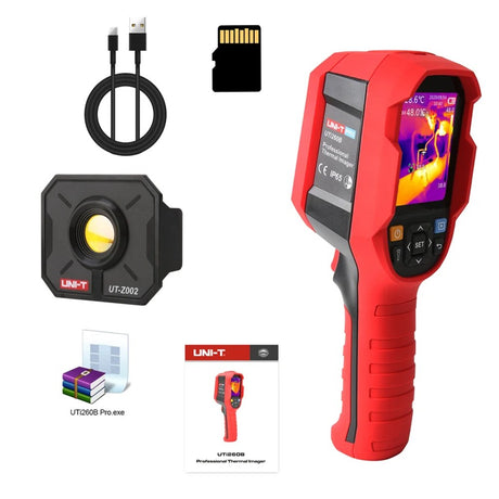 UTi260B thermal imager kit contents: the imager, UT-Z002 macro lens, Type-C USB cable, micro SD card, PC software and printed manual