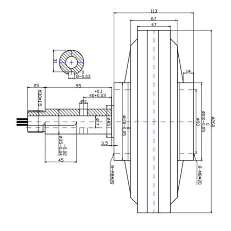 Supplier sectional dimension drawing of the generator: 260 mm outside diameter, 113 mm deep, eight M8 fixings and a keyed threaded shaft.