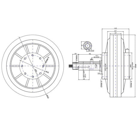 The same generator drawing with a face view added, showing the 260 mm rim, the 90 mm hub circle and its eight M8 mounting holes.