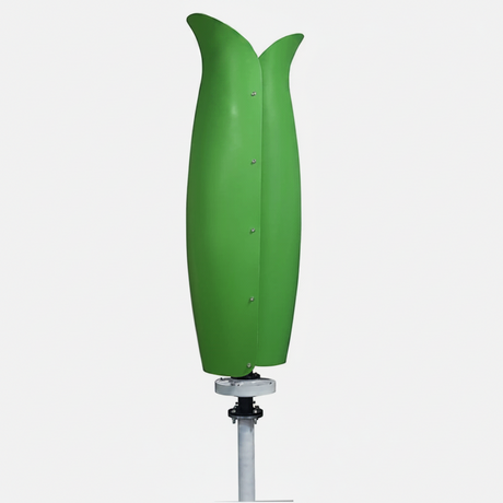 The green tulip turbine on a grey mast against a plain studio background - the Green colourway, shown from the side.