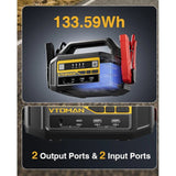 V-Truck jump starter rated 133.59 Wh, with close-up of the DC and USB-C inputs and two USB-A outputs