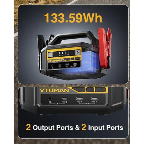V-Truck jump starter rated 133.59 Wh, with close-up of the DC and USB-C inputs and two USB-A outputs