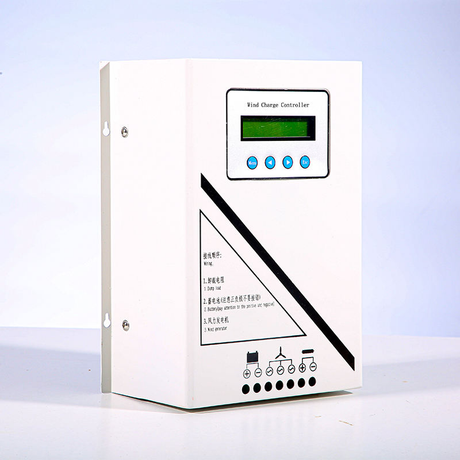 Angled view of the WCMD wind charge controller showing the LCD, four blue buttons, the printed wiring order and the seven terminal icons: battery, three wind phases and dump load.