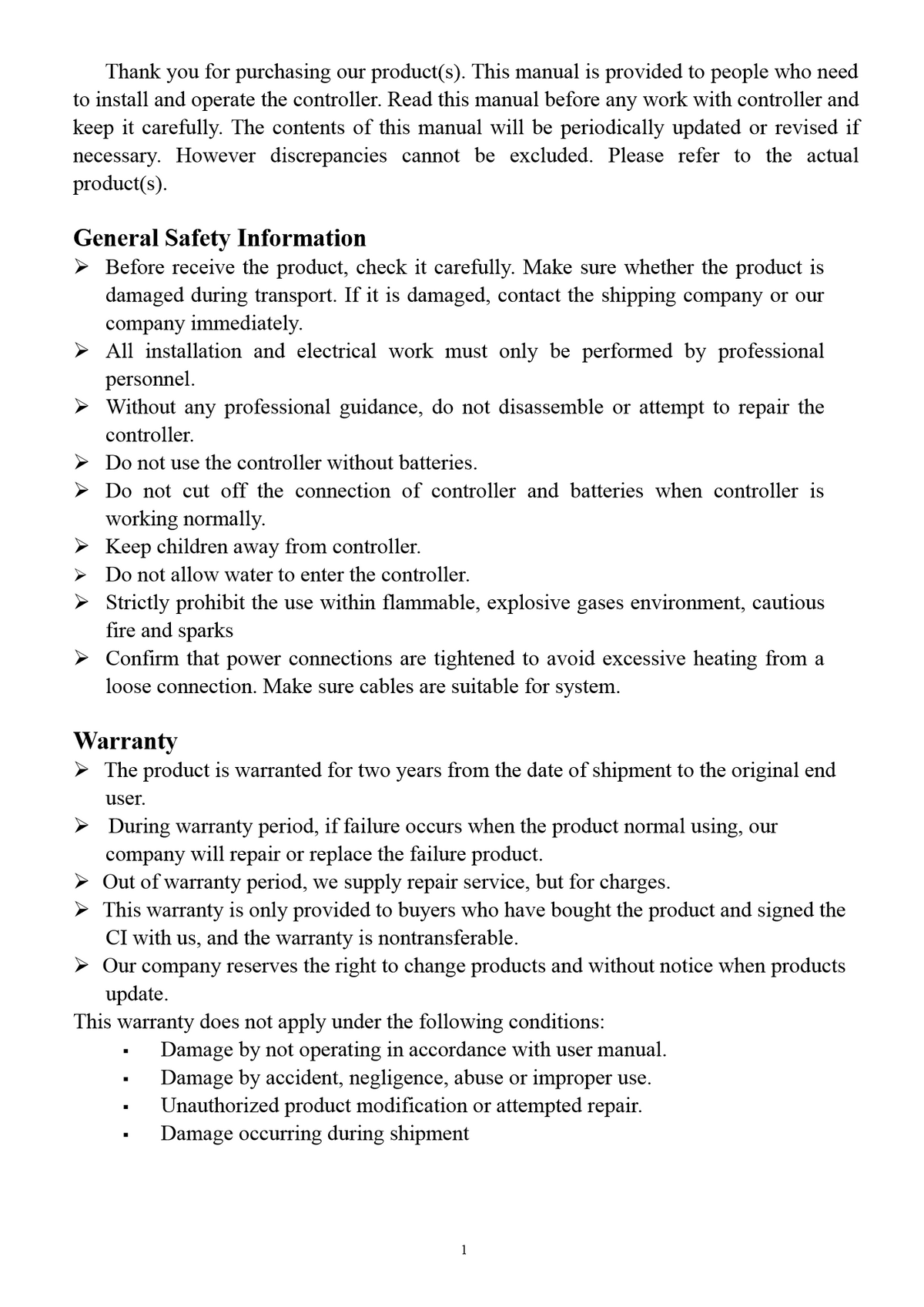 Manual page 1: general safety information and the manufacturer's warranty conditions.