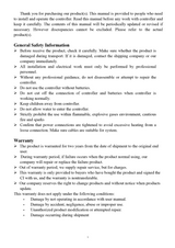 Manual page 1: general safety information and the manufacturer's warranty conditions.