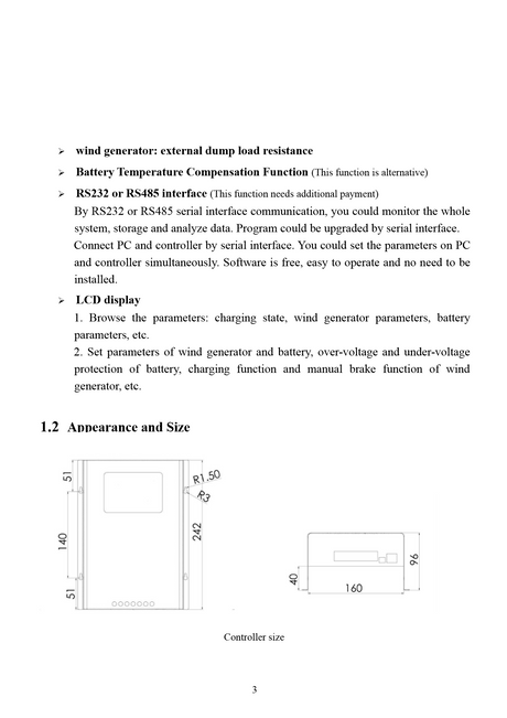 Manual page 3: external dump load, temperature compensation and RS232 or RS485 options, LCD functions, and the dimensioned drawing of the 242 by 160 by 96 mm case.
