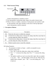 Manual page 5: wind generator wiring to the three phase terminals, the button descriptions and the parameter setting steps.