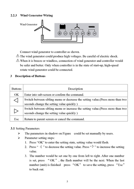 Manual page 5: wind generator wiring to the three phase terminals, the button descriptions and the parameter setting steps.