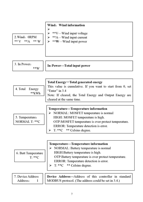 Manual page 7: the wind, input power, total energy, temperature and device address screens.