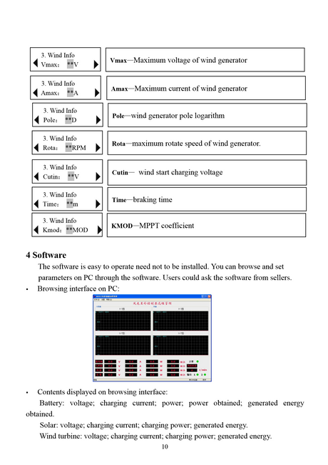 Manual page 10: turbine maximum voltage, current, pole pairs, speed, cut-in voltage, braking time and MPPT coefficient settings, and the PC software screen.