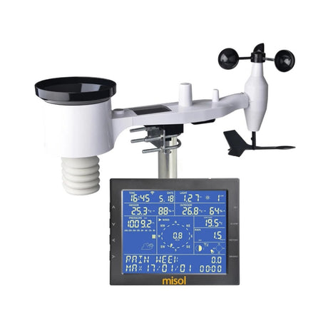 Wi-Fi weather station sensor array on a pole above its blue backlit console, pole not included