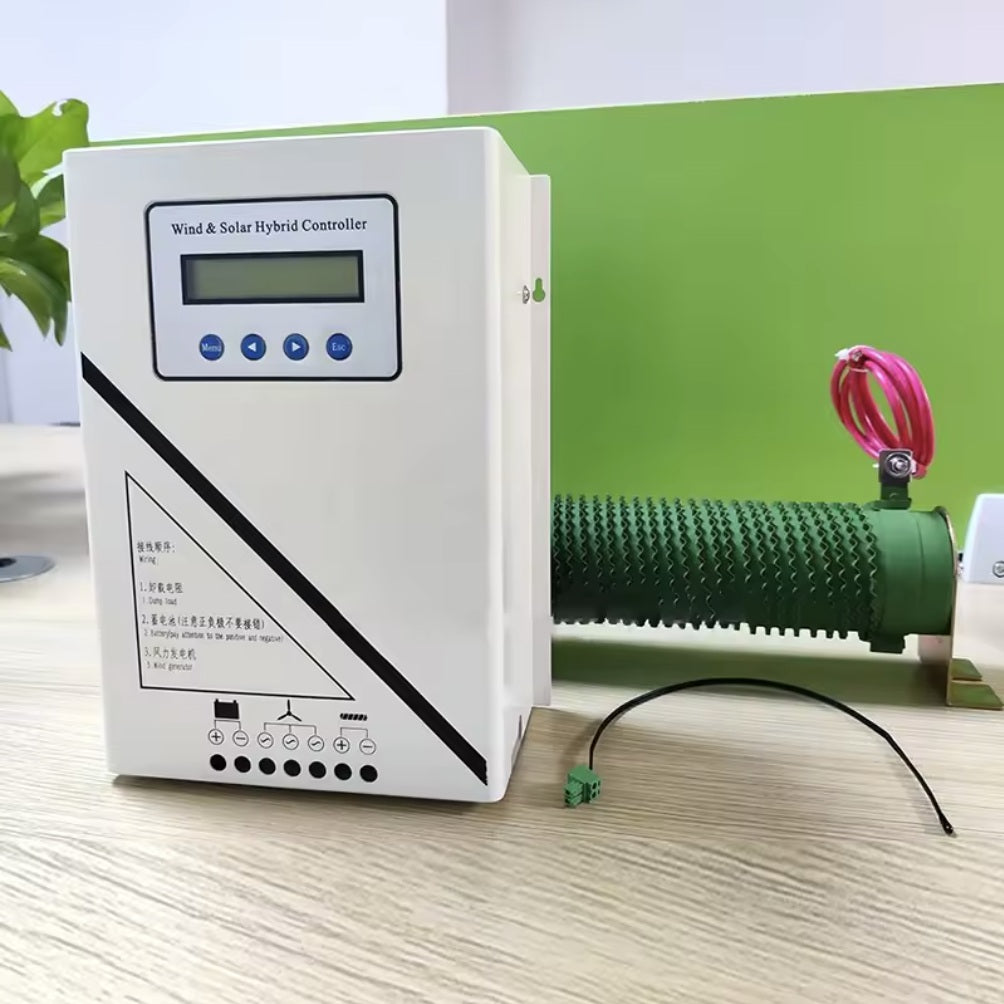 White charge controller with an LCD, its faceplate printed Wind and Solar Hybrid Controller, beside a green dump-load resistor - a supplier reference photo of a hybrid unit that takes a solar input; it is not a pure-wind controller.