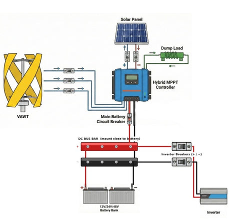 Supplier wiring diagram showing turbine and solar into the hybrid MPPT controller, with dump load, bus bar, battery bank and inverter