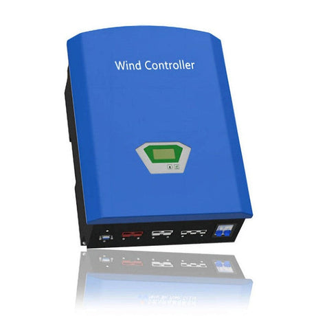 WW series pure-wind MPPT controller, representative family photo: blue wall-mounted unit marked Wind Controller with central LCD display and bottom terminal row