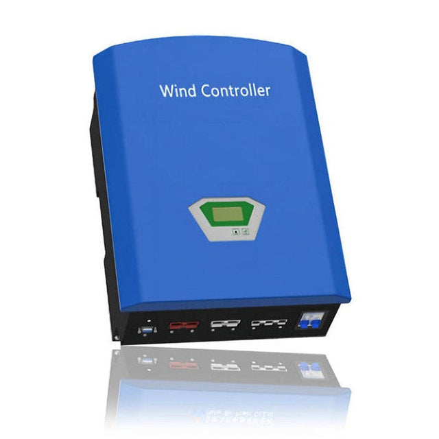 WW series pure-wind MPPT controller, representative family photo: blue wall-mounted unit marked Wind Controller with central LCD display and bottom terminal row