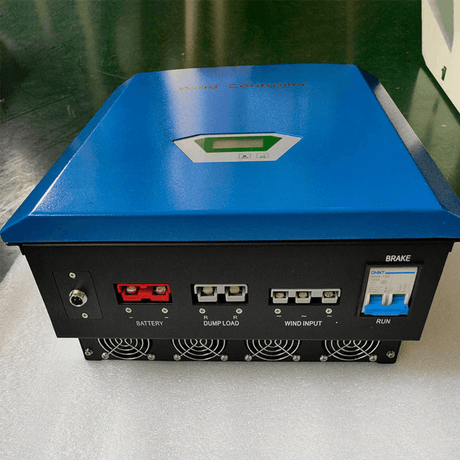 WW series controller terminal panel close-up, representative family photo: battery, dump load and wind input connectors, brake breaker marked RUN, and cooling vents below