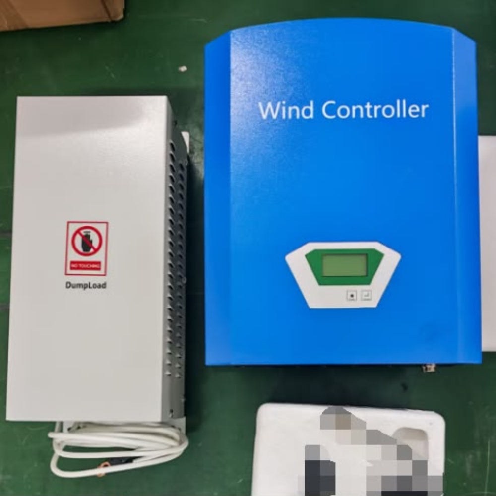 WW10 1 kW set: blue Wind Controller with LCD beside its tall white finned dump load box with a no-touching warning label and coiled cable, on a green workbench
