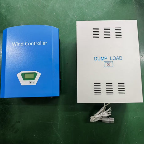 WW20 2 kW set: blue Wind Controller with LCD beside its white DUMP LOAD box with vents, hot-surface warning and a cable with grey plug, on a green workbench
